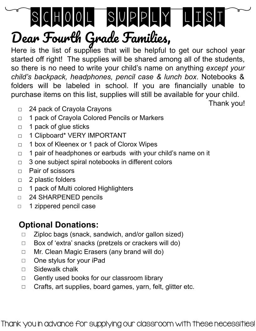 BACK TO SCHOOL LIST 